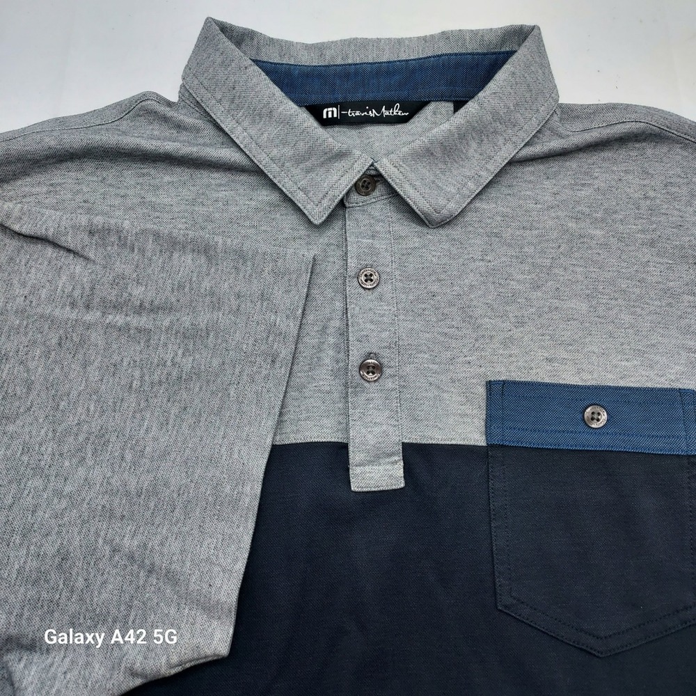 Travis Mathew Mens Golf Polo Shirt Grey Blue‎ Colorblock Pocket XL